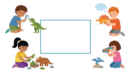 This vector illustration features diverse young children playing with various dinosaur toys around a central white frame for custom text. © Hulu
