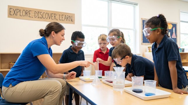 A female teacher guides a group of diverse elementary students wearing safety goggles during a hands-on science experiment in a bright classroom with an explore discover learn sign on wall.