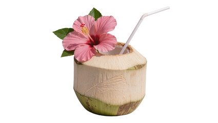 Fresh green coconut with pink hibiscus flower and straw, isolated on transparent background © Iura