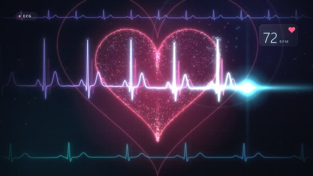 ECG heartbeat line glowing neon cardiogram trace over pulsing particle heart in 4K seamless loop