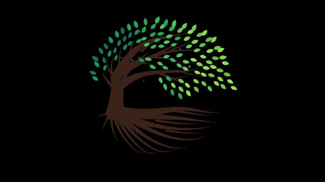 A tree logo icon graphic design featuring a stylized brown trunk with sweeping green leaves isolated on black background