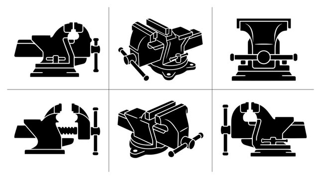 Bench vise silhouettes set with different types, industrial tool collection for workshop signage