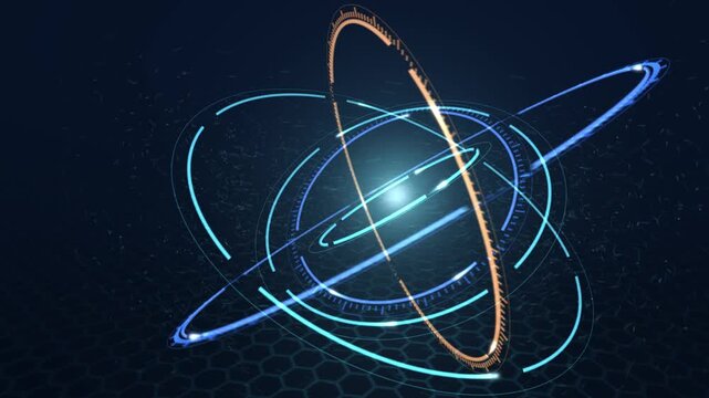 Blue and orange tech rings orbiting an energy core, abstract loop animation
