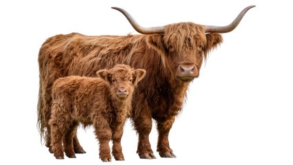 Brown Highland cow and calf with long horns, isolated on transparent background © Iura