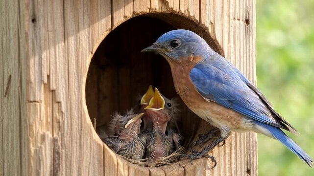 Eastern bluebird feeding chicks perched at wooden birdhouse nesting hole