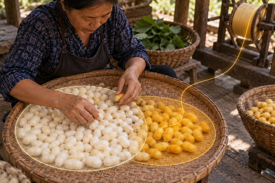 Farmer sorts harvested silk cocoons