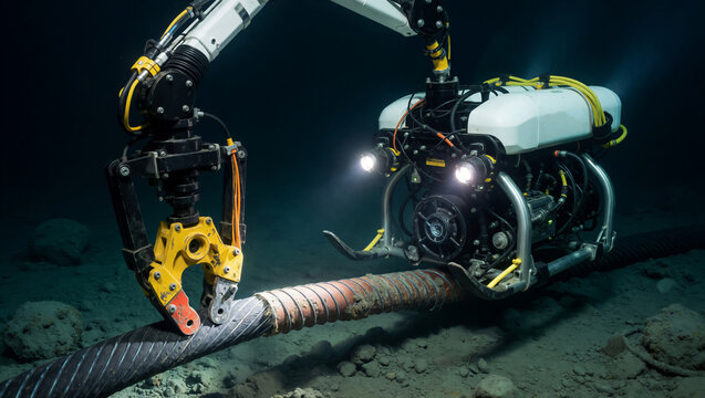 Remotely operated vehicle ROV inspects a subsea cable on the ocean floor. Industrial underwater robot explores the deep sea