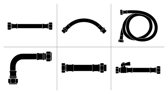 Hose and pipe fitting silhouettes set with valve, plumbing and fluid transfer elements