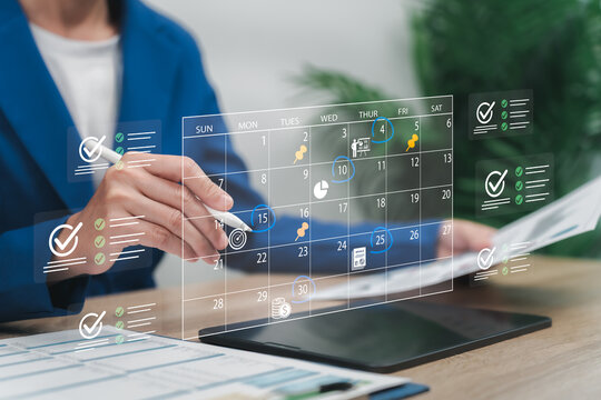 Digital Calendar Task Management and Business Planning Concept, Businesswomen Creating Important Notes, Scheduling Priorities, Tracking Progress, Monitoring Deadlines, Achieving Organisational Goals
