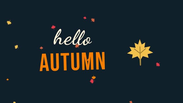 Hello Autumn animated typography with maple leaf on dark background, autumn seamless loop