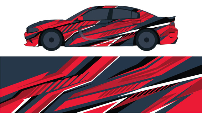 Car Wrap Design with Aggressive Racing Livery in Red Black and White