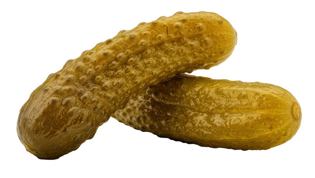 Two bumpy gherkins pickled cucumbers, isolated on transparent background