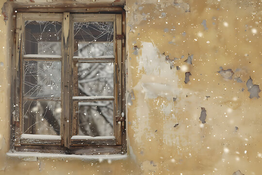 Old wooden window with cracked glass and snow-covered sill on a weathered yellow plaster wall. Falling snow creates a nostalgic winter atmosphere with rustic textures and copy space.