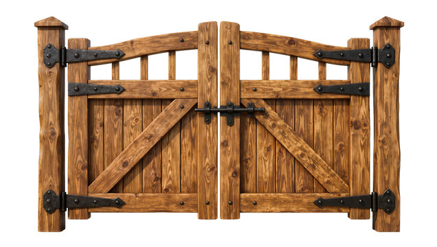 Rustic wooden double gate with black metal hardware, isolated on transparent background
