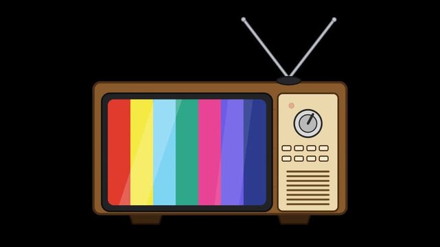 A vintage television with colorful test card screen isolated on black background for media and broadcast concept illustration design