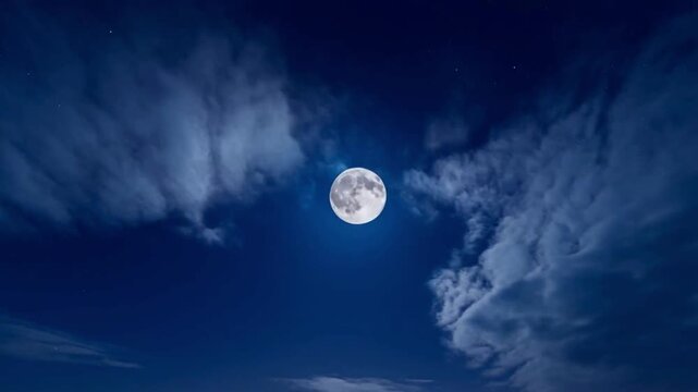 A full moon shines in the middle of the dark blue night sky, with part of its edge obscured by thin, bluish clouds.