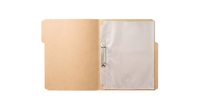 Open manila document folder with plastic sleeve isolated on transparent background