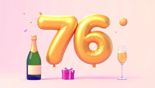 Birthday and Anniversary Celebration with Champagne and Gold Number 76 Balloon