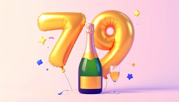 Birthday and Anniversary Celebration with Champagne and Gold Number 79 Balloon