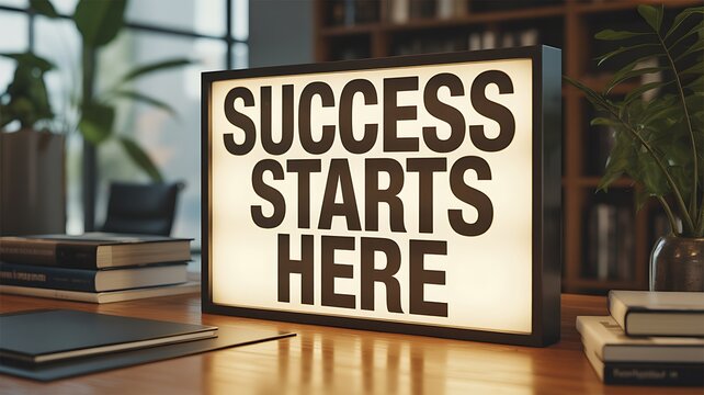 Light box sign with success starts here text resting on wooden office desk