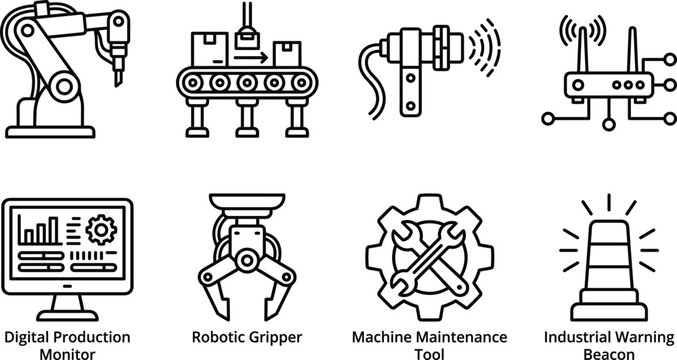 Smart Factory Automation and Industry 4.0 Icon Set featuring Robotic Arm Conveyor Belt Proximity Sensor Monitor and Maintenance Tools for Industrial Manufacturing Layouts