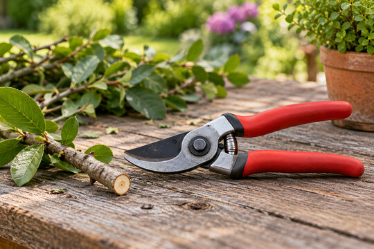 Clean pruning shears beside a clipped garden branch