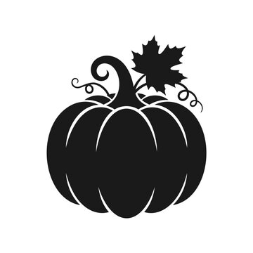 Black silhouette of a decorative autumn pumpkin with leaf and swirls