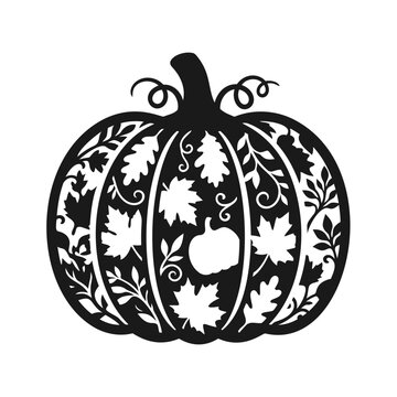 Black silhouette of a carved pumpkin decorated with autumn leaves and vines