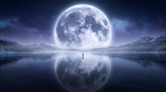 A lone figure stands in awe before a colossal full moon, its brilliant light perfectly reflected on a tranquil lake, amidst a vast and mystical nightscape