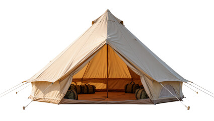 Large beige bell tent with luggage inside, isolated on transparent background © Iura