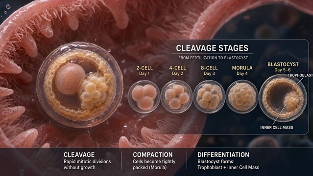 3d medical rendering of mammalian embryo development with zoomed inset showing cleavage stages from 2-cell, 4-cell, 8-cell, and morula to blastocyst with inner cell mass details