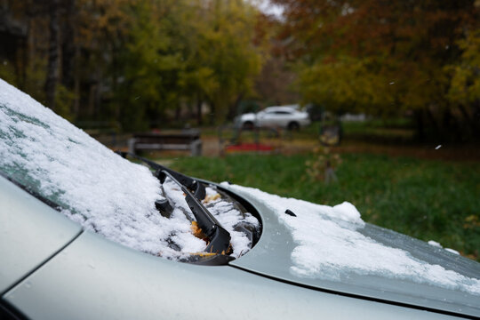 Car windshield covered with first snow in autumn park  