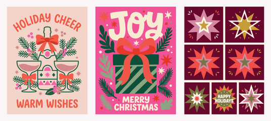 A delightful collection of vintage inspired christmas card vectors featuring festive scenes and sparkling starbursts perfect for holiday greetings and celebrations © MstNurjahan