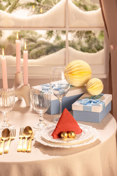 Close Up Vertical Christmas Place Setting with Blue Gift Boxes