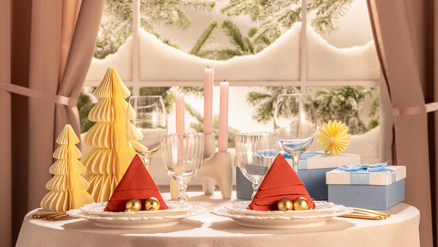 Warm Horizontal Christmas Dining Table Setting by Snowy Window