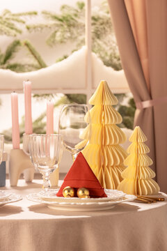 Atmospheric Horizontal Christmas Table Setting with Blue Presents