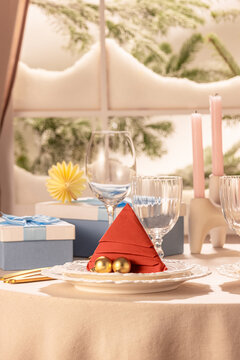 Angled Vertical Christmas Place Setting with Blue Gift Box