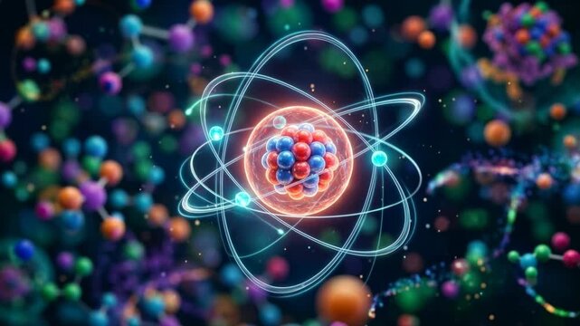 High-end scientific visualization of a stylized atom with a glowing nucleus and electron orbits in a colorful quantum physics environment