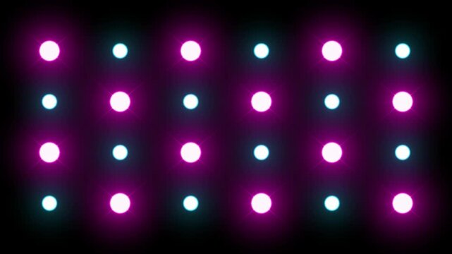 Magenta and cyan stage lights wall flashing in checkerboard pattern on black background, white strobe accents for concert, club or VJ screen in 4K