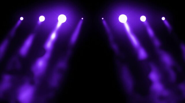 Violet stage spotlights shining beams through haze on black background, purple light rays from top row for concert, club or VJ screen in 4K
