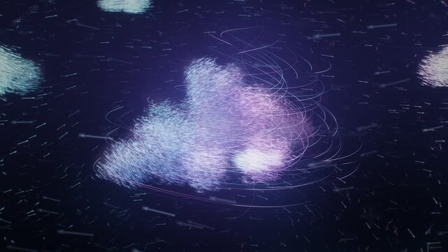 3D vector clouds volumetric cumulus built from glowing vector field arrows with flowing streamlines orbiting camera loop