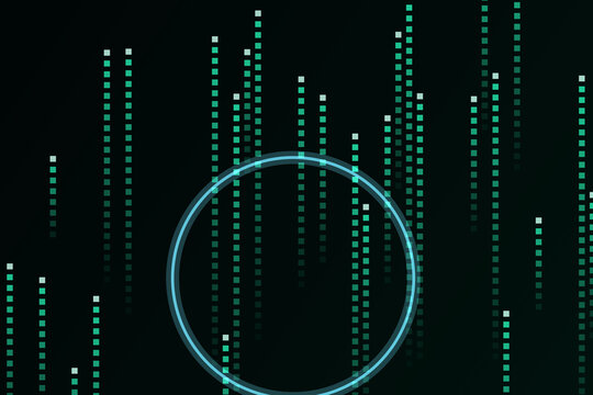 Abstract digital background, with vertical green, data streams and, a glowing cyan, circle on dark space