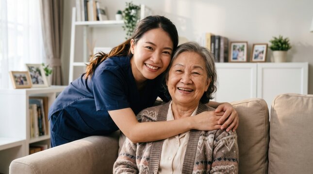 Asian caregiver embracing elderly woman on sofa, showing affection and compassionate home support