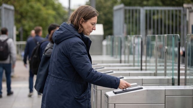 Commuter tapping ticket at turnstile, middle aged woman entering transit station with focused expression, contactless payment at gate