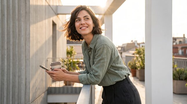 Woman holding smartphone on sunny terrace, smiling during outdoor urban moment