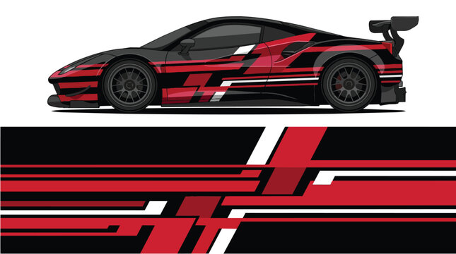 Car Wrap Design with Aggressive Racing Livery in Red Black and White