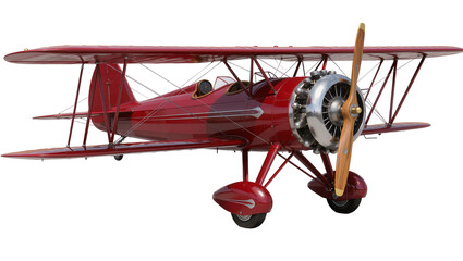 Shiny red biplane with wooden propeller and chrome engine, isolated on transparent background © Constantin