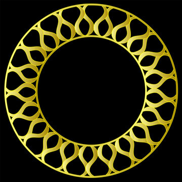 Golden Geometric Circular Ornament with Interlocking Loop Motifs on a Black Background