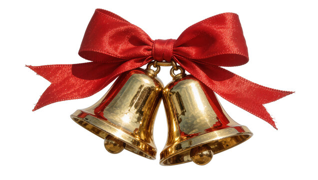 Two shiny golden bells with red ribbon bow, isolated on transparent background