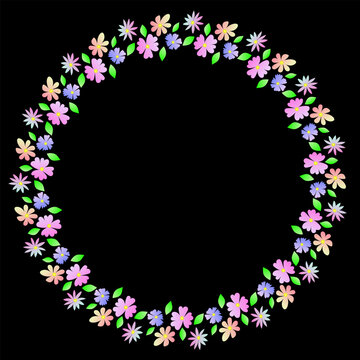 Colorful Oval Flower Wreath with Tiny Pink Purple and White Blossoms on Black Background